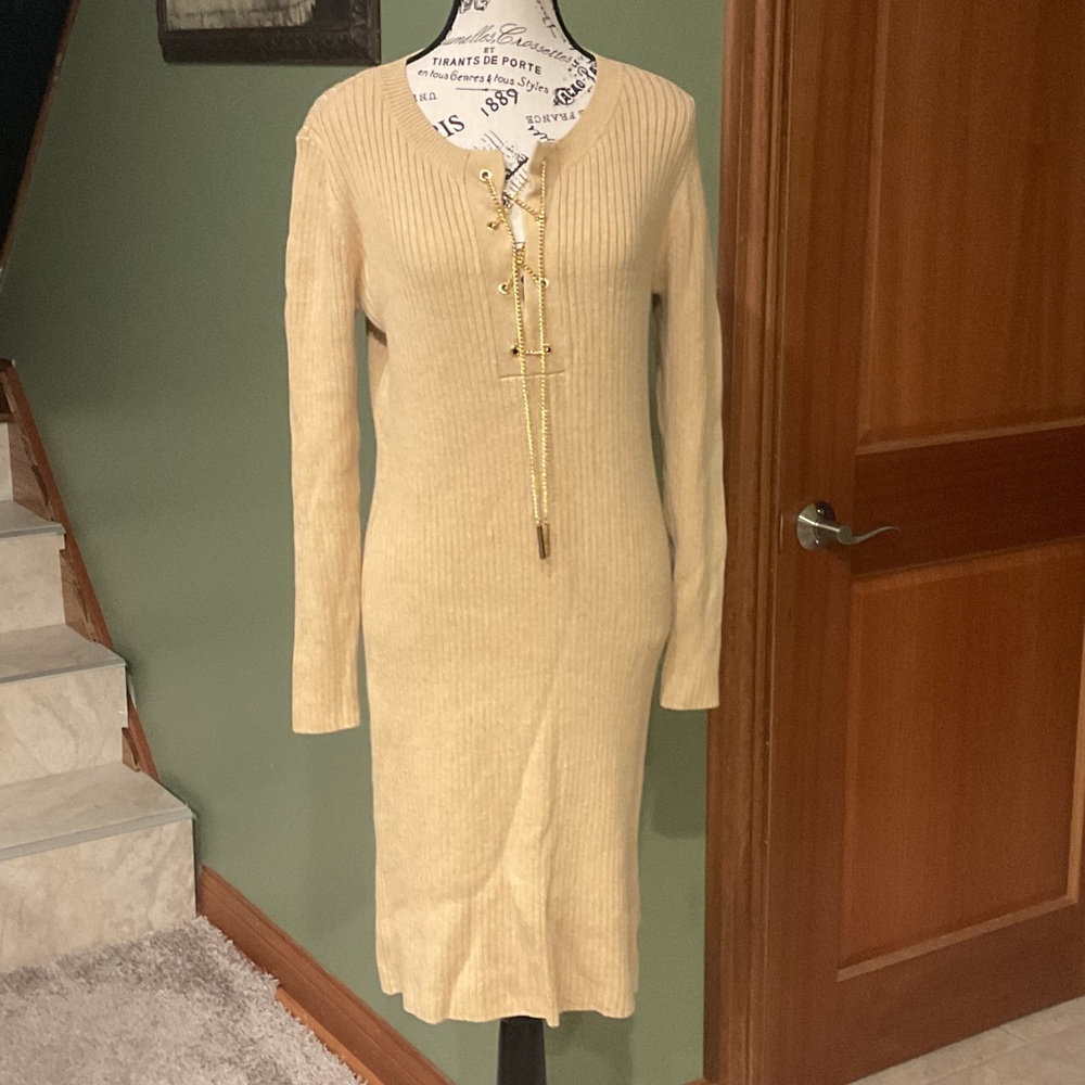 Michael Kors Beige Long Sleeve Ribbed Dress, Size L